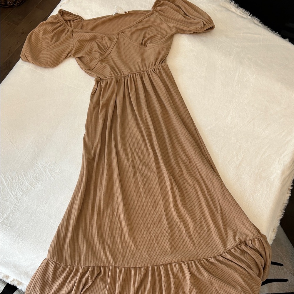 Caution To The Wind Ribbed Puff-Sleeve Maxi Dress in Camel *1”loose seam on back